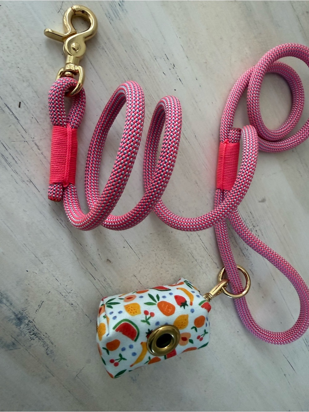 The Foggy Dog Pink 2 Pc. Marine Rope Leash w/Fruit-Print Waste Bag Holder NWOT